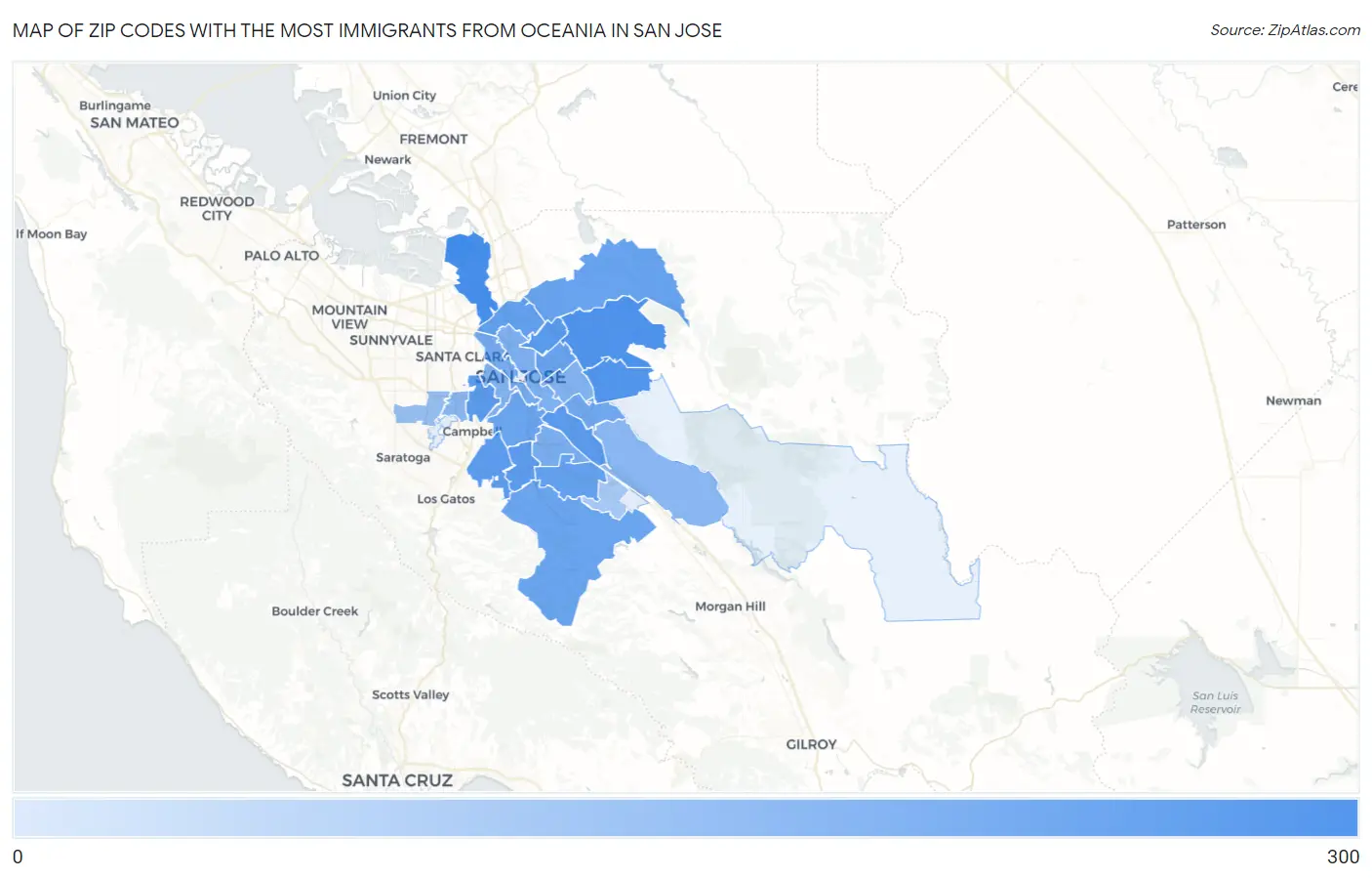 Zip Codes with the Most Immigrants from Oceania in San Jose Map