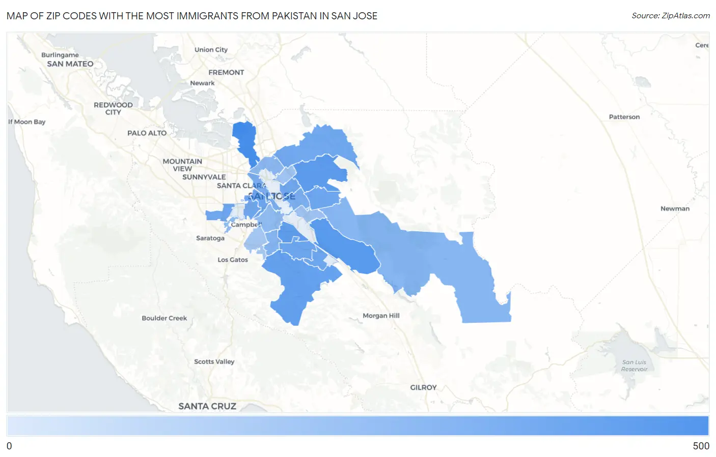 Zip Codes with the Most Immigrants from Pakistan in San Jose Map