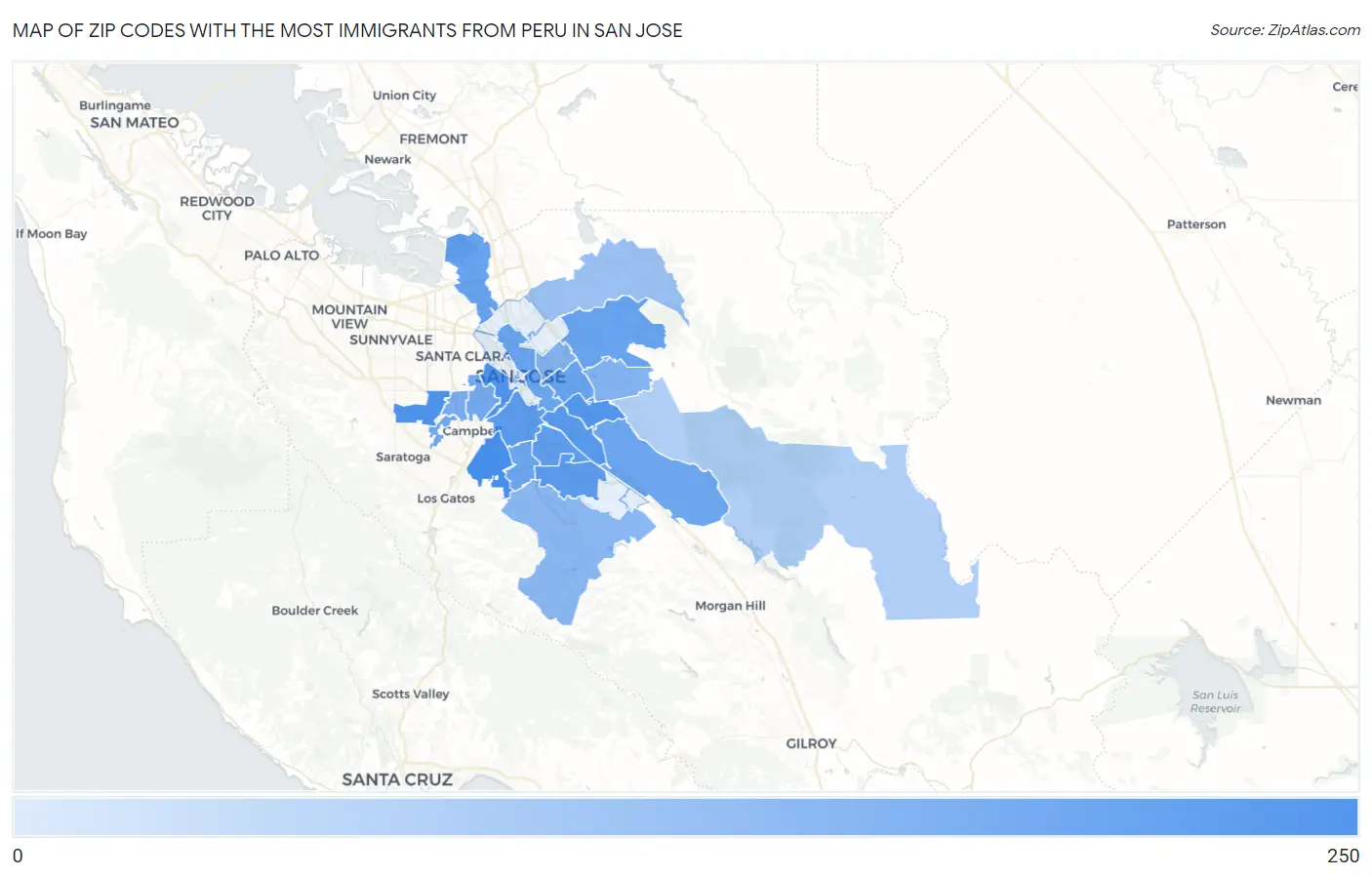 Zip Codes with the Most Immigrants from Peru in San Jose Map