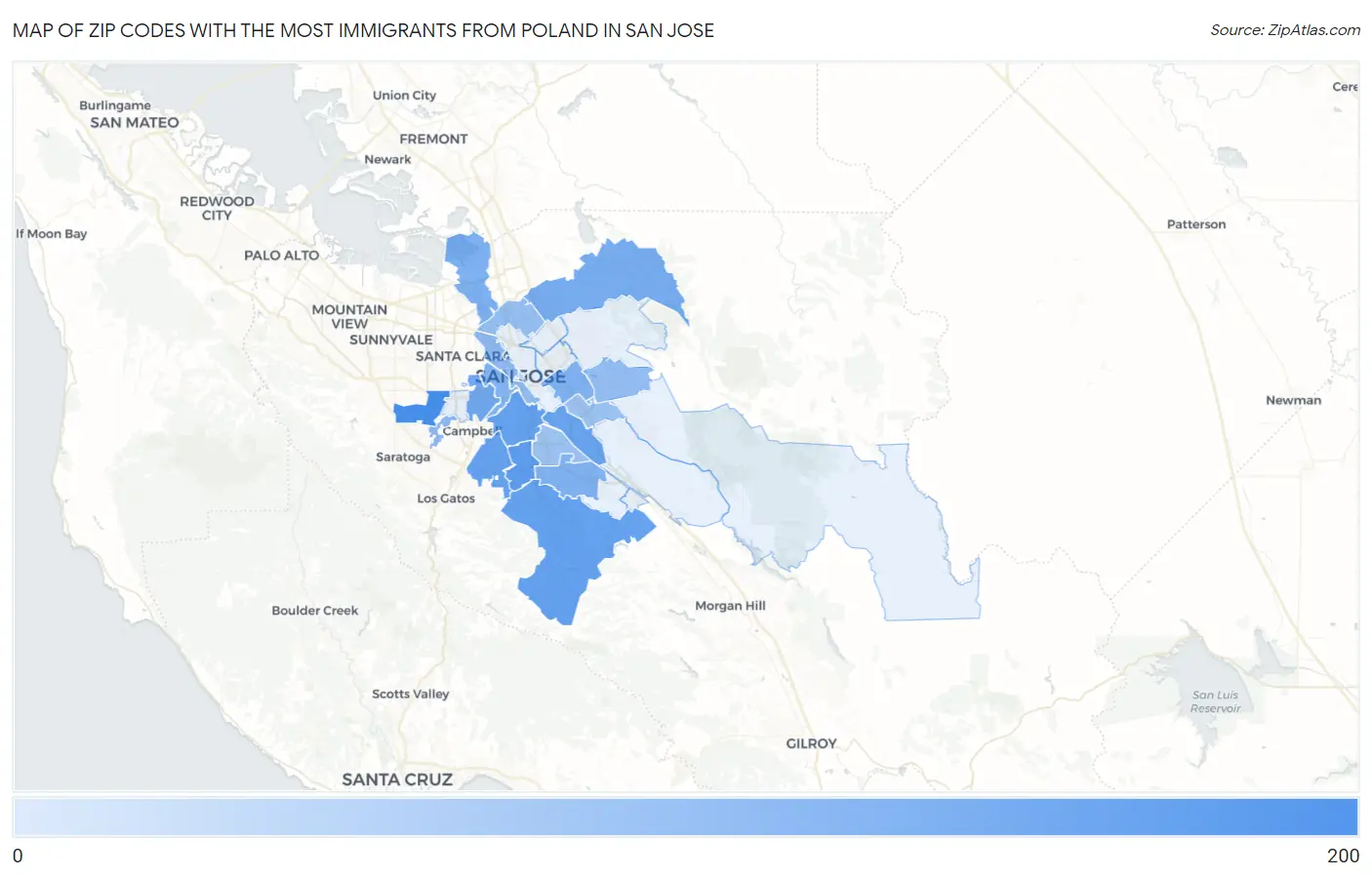 Zip Codes with the Most Immigrants from Poland in San Jose Map