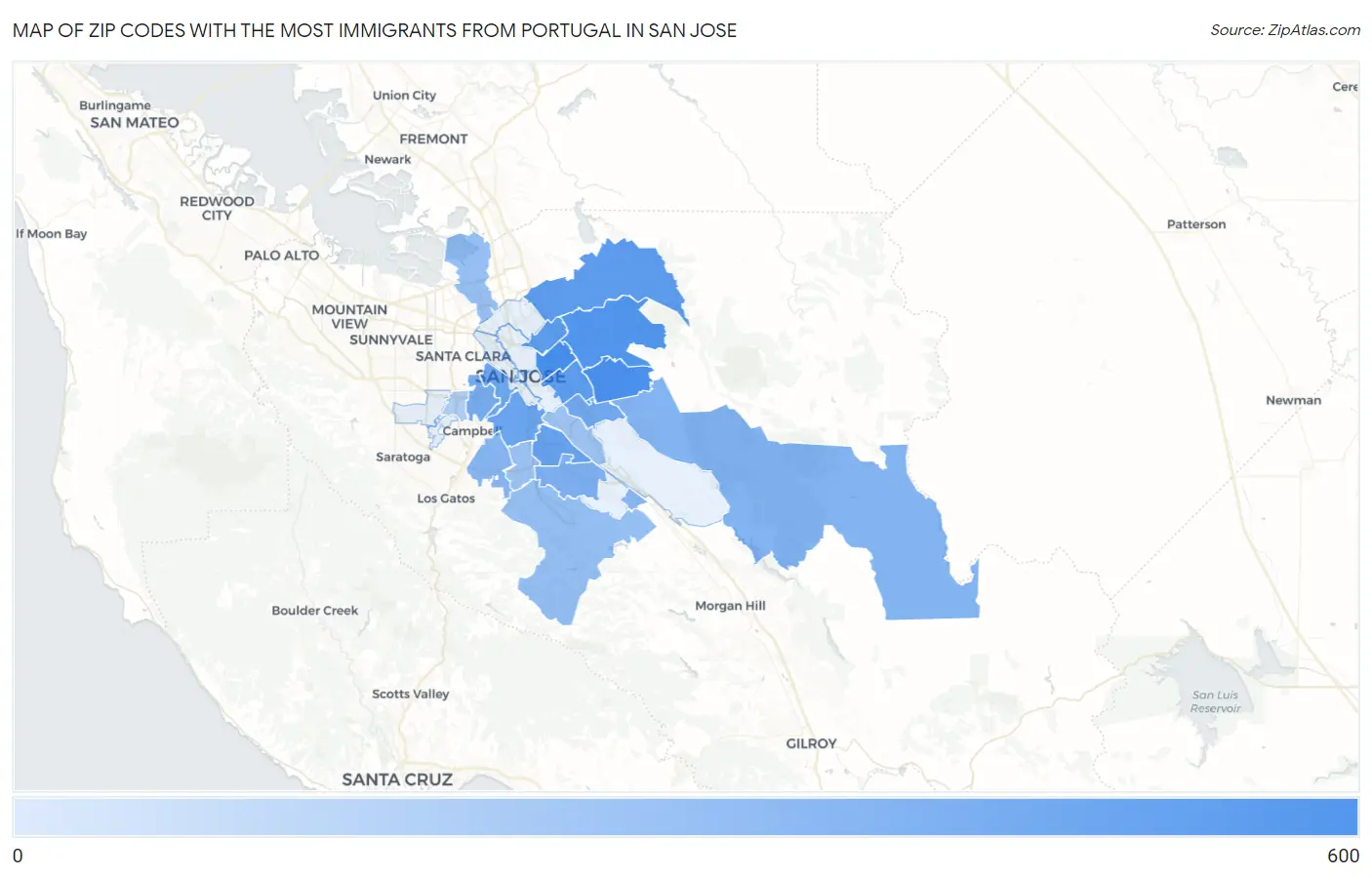 Zip Codes with the Most Immigrants from Portugal in San Jose Map
