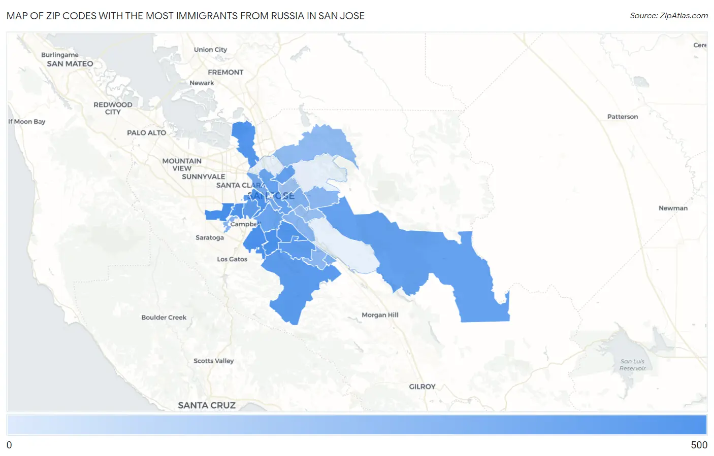 Zip Codes with the Most Immigrants from Russia in San Jose Map