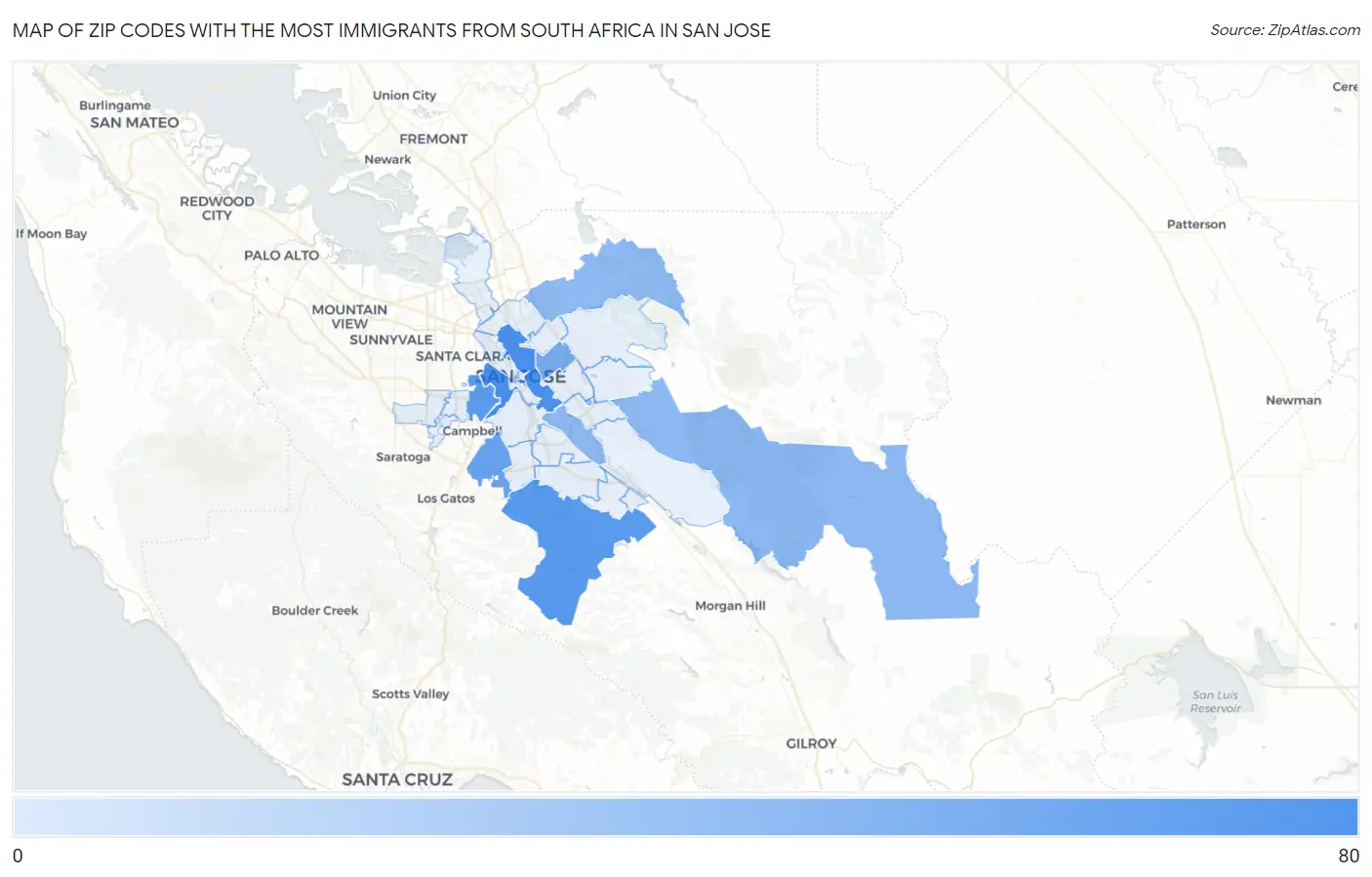 Zip Codes with the Most Immigrants from South Africa in San Jose Map