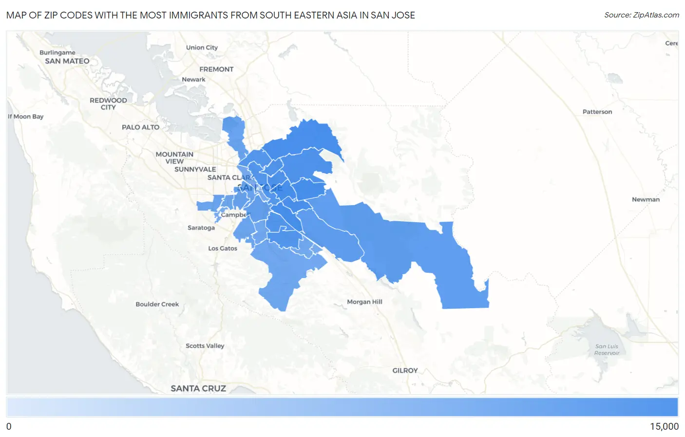 Zip Codes with the Most Immigrants from South Eastern Asia in San Jose Map