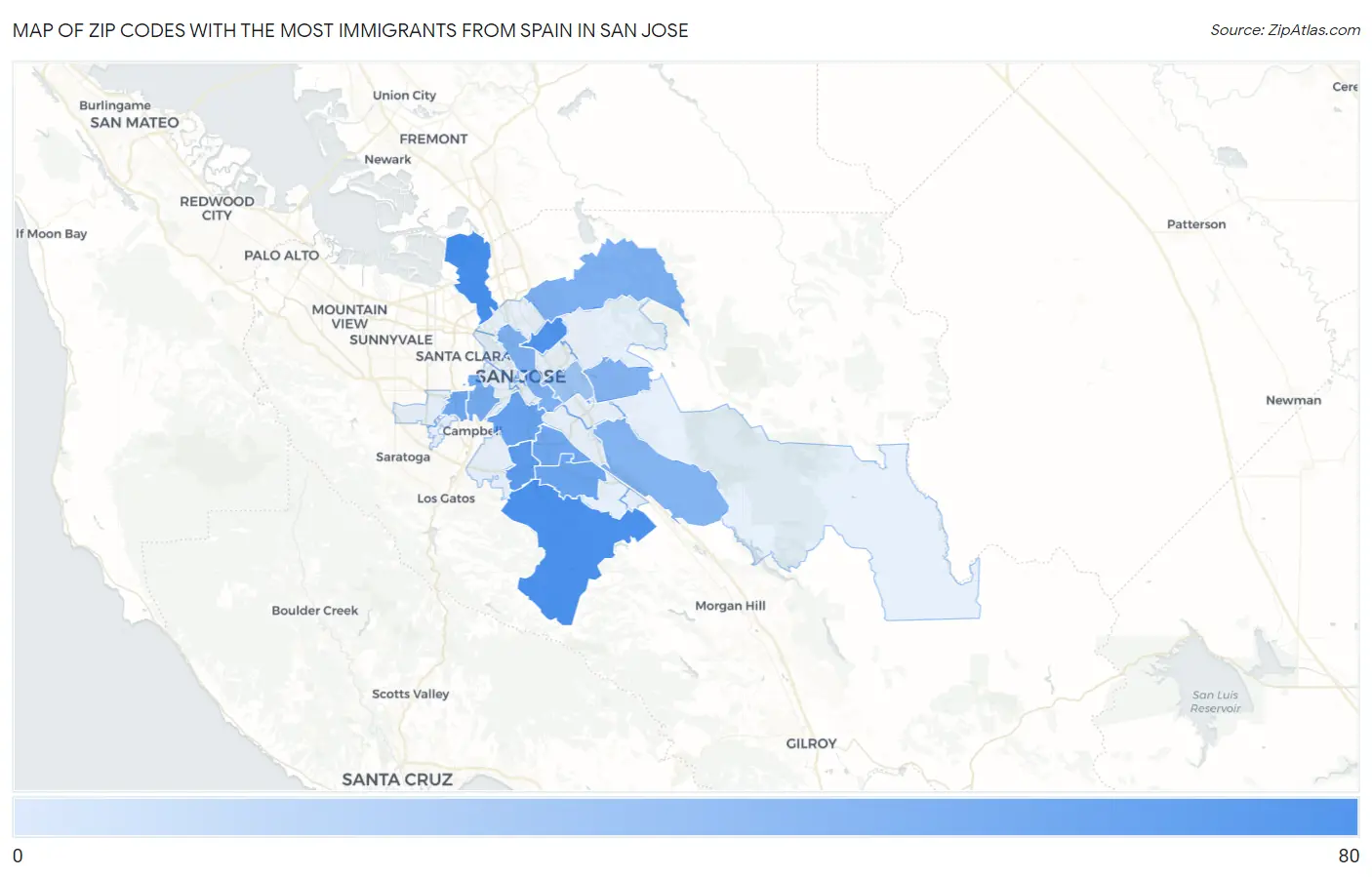 Zip Codes with the Most Immigrants from Spain in San Jose Map