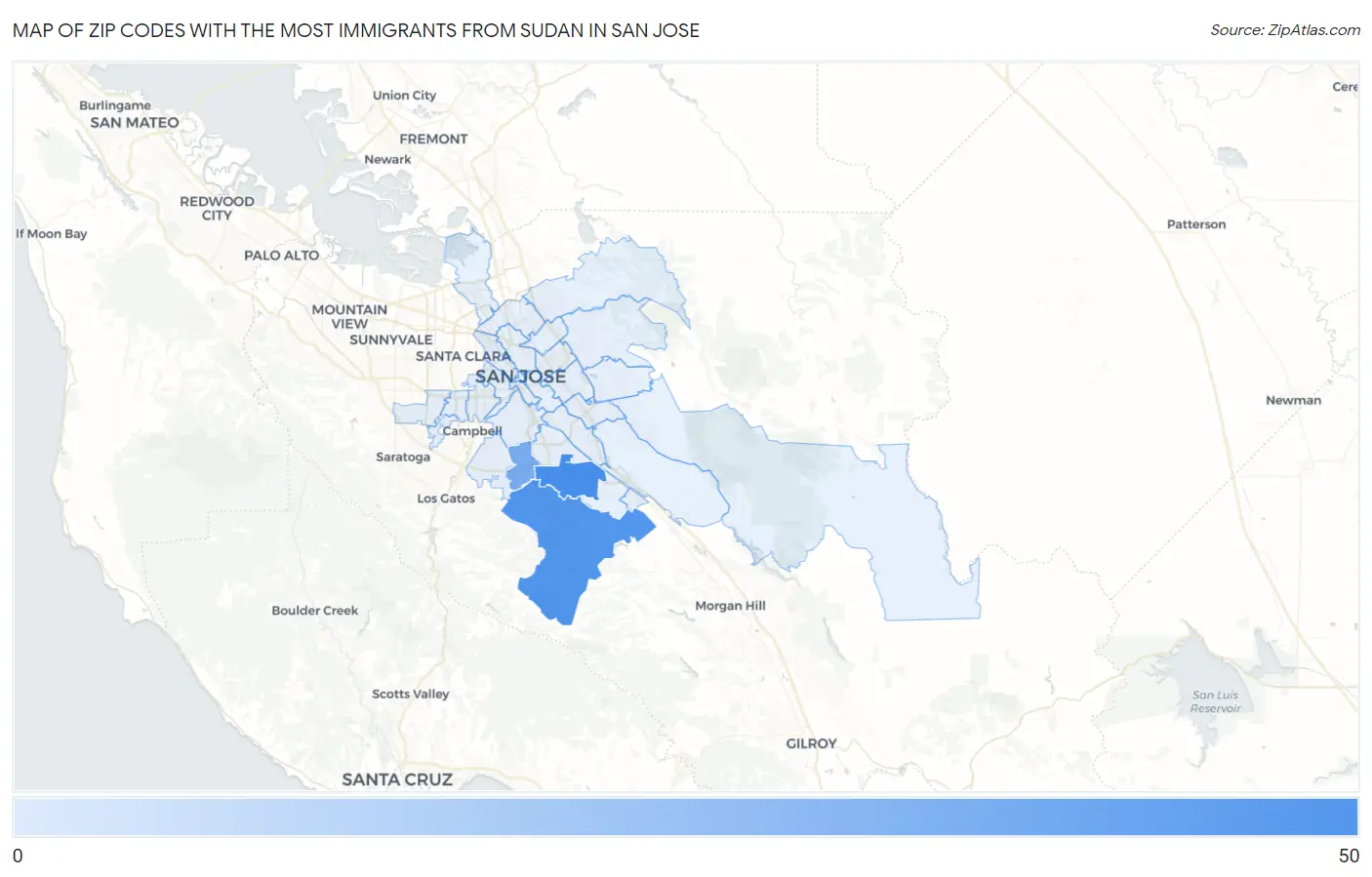 Zip Codes with the Most Immigrants from Sudan in San Jose Map