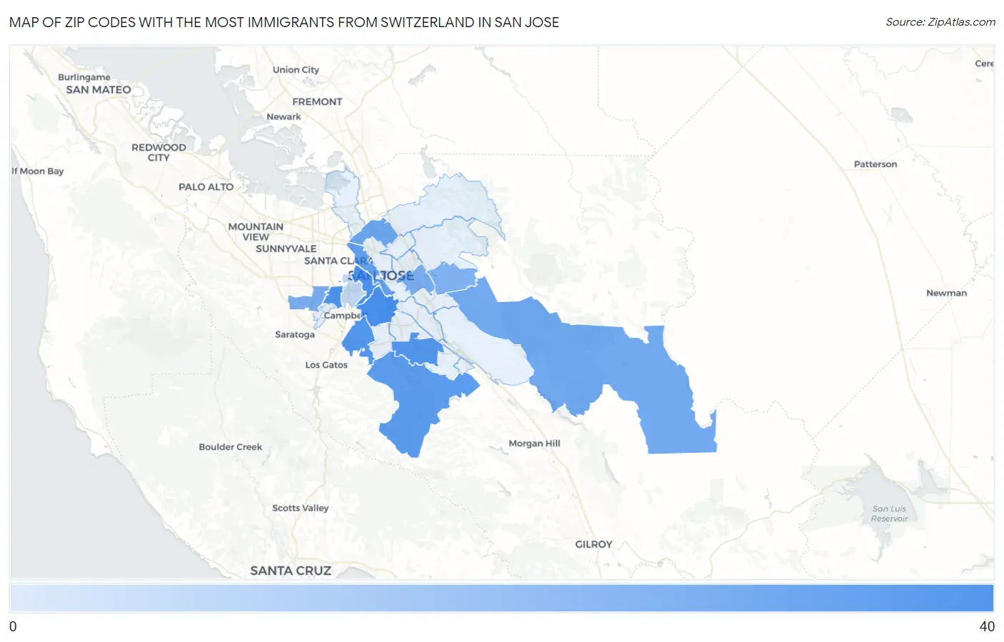 Zip Codes with the Most Immigrants from Switzerland in San Jose Map
