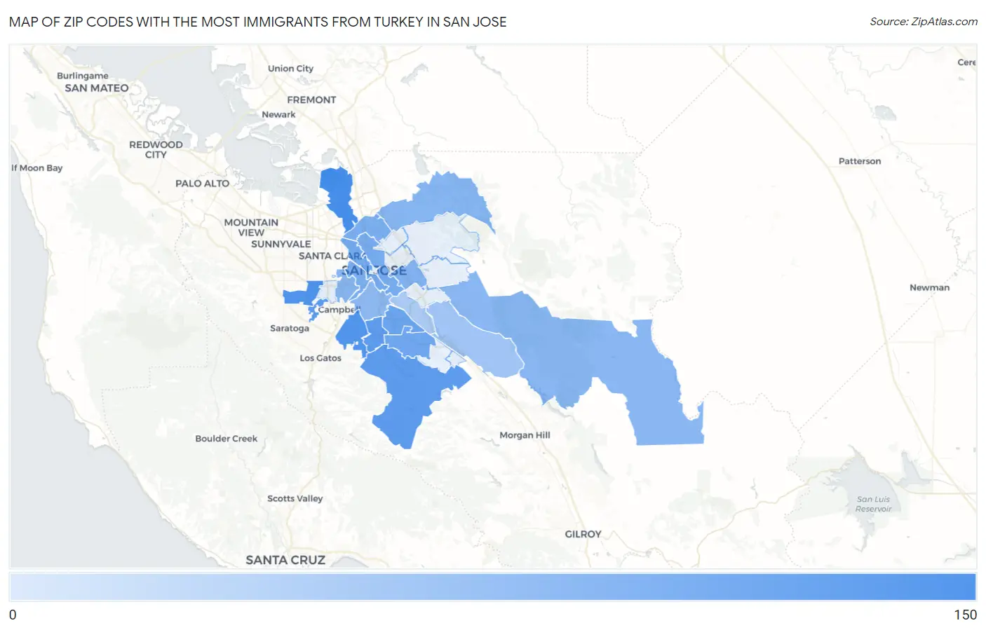 Zip Codes with the Most Immigrants from Turkey in San Jose Map