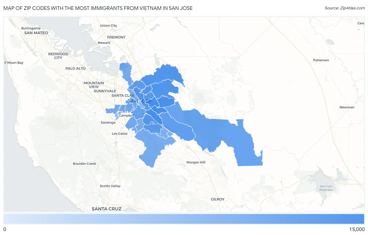 Zip Codes with the Most Immigrants from Vietnam in San Jose Map