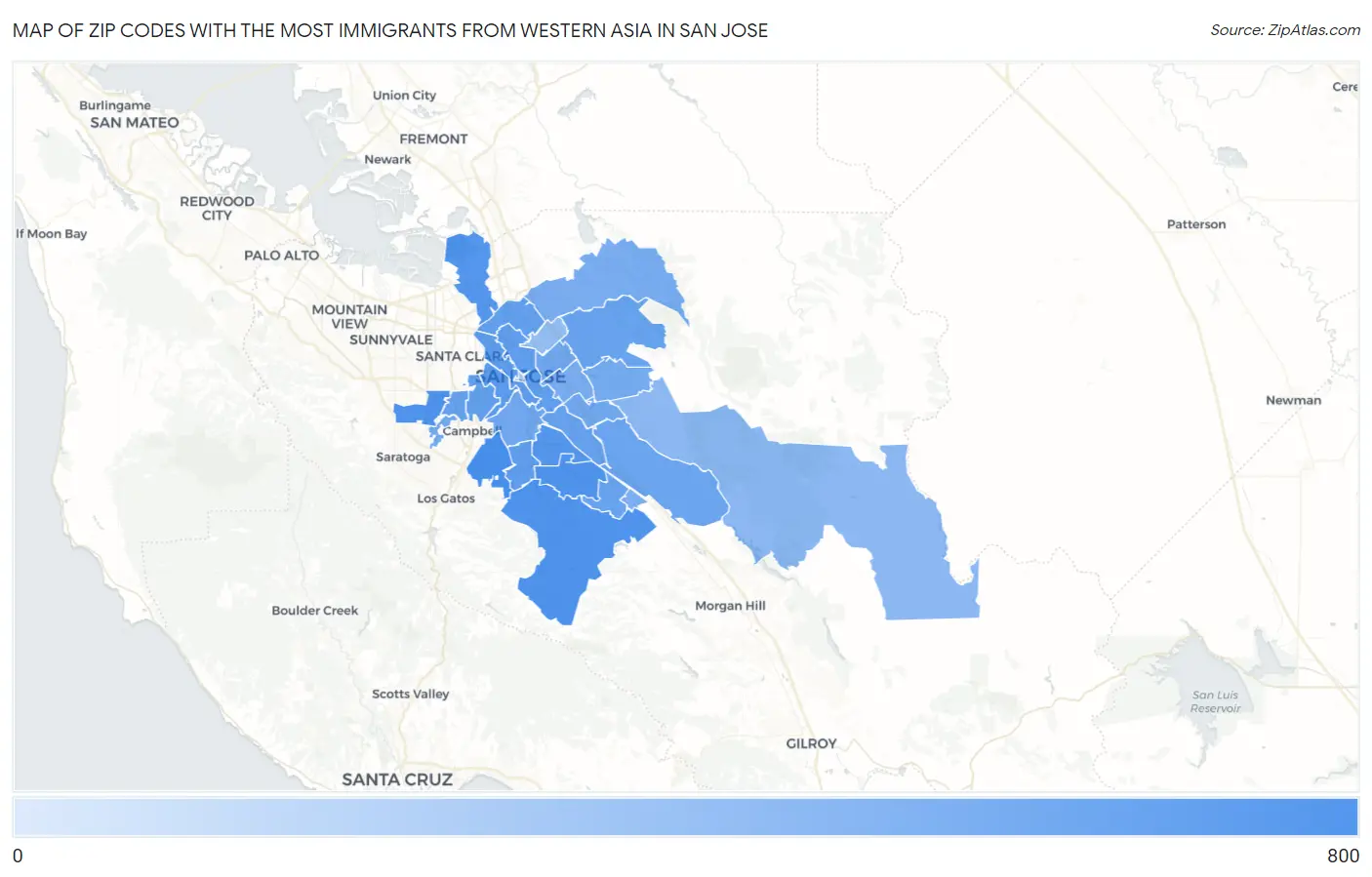 Zip Codes with the Most Immigrants from Western Asia in San Jose Map