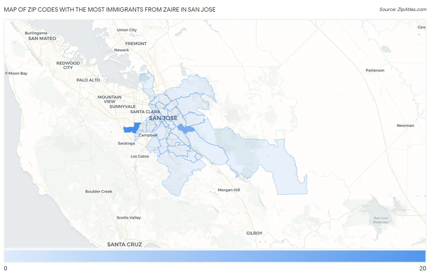 Zip Codes with the Most Immigrants from Zaire in San Jose Map