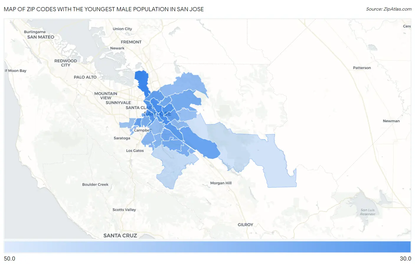 Zip Codes with the Youngest Male Population in San Jose Map