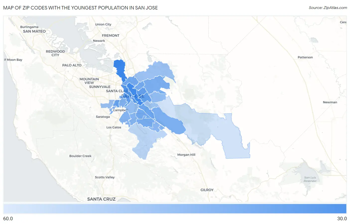 Zip Codes with the Youngest Population in San Jose Map