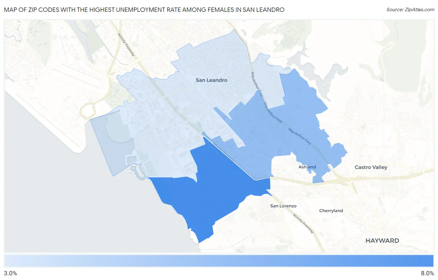 Zip Codes with the Highest Unemployment Rate Among Females in San Leandro Map