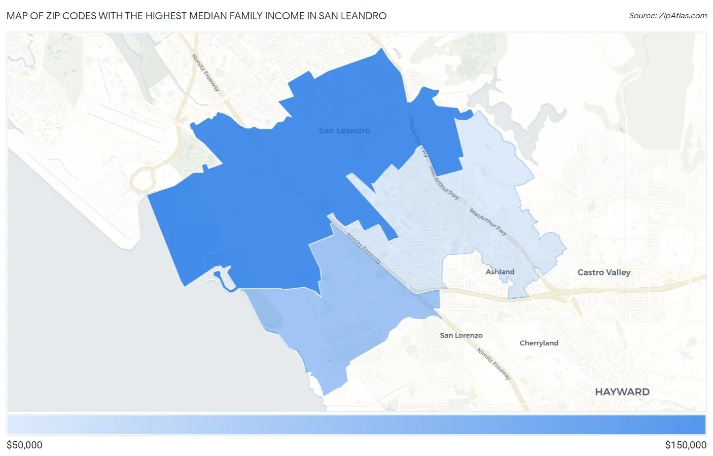 Zip Codes with the Highest Median Family Income in San Leandro Map