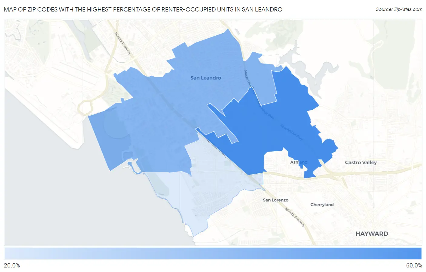 Zip Codes with the Highest Percentage of Renter-Occupied Units in San Leandro Map