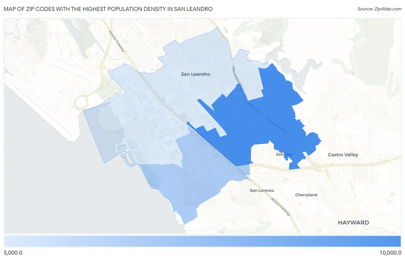 Zip Codes with the Highest Population Density in San Leandro Map