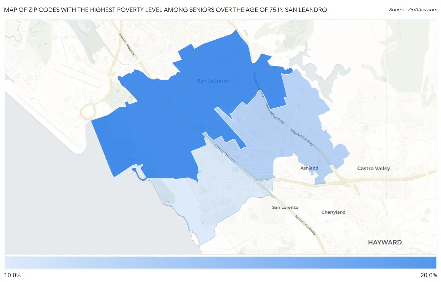 Zip Codes with the Highest Poverty Level Among Seniors Over the Age of 75 in San Leandro Map