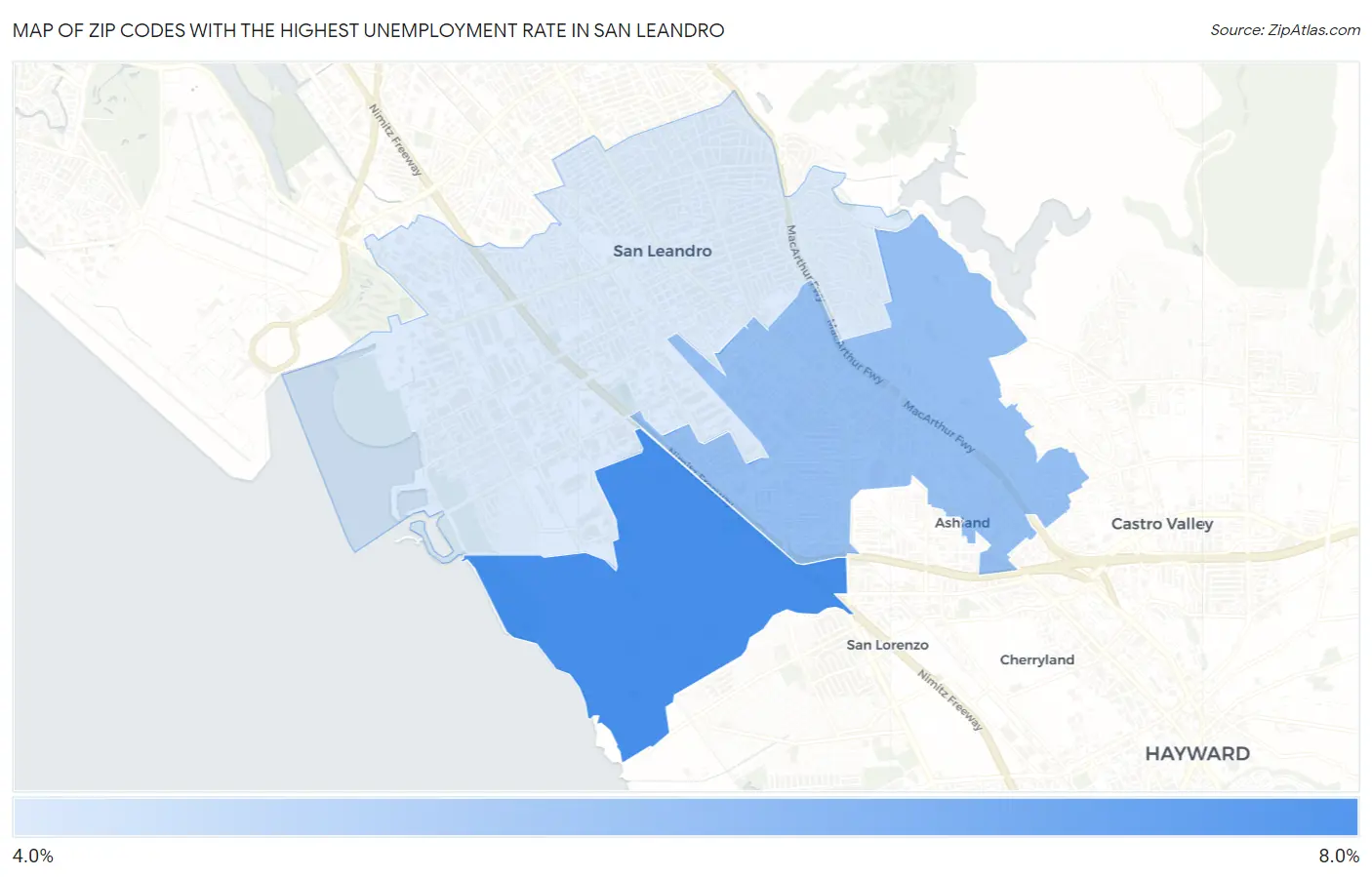 Zip Codes with the Highest Unemployment Rate in San Leandro Map