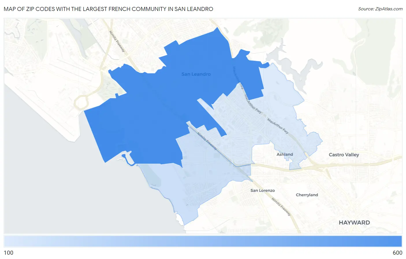 Zip Codes with the Largest French Community in San Leandro Map