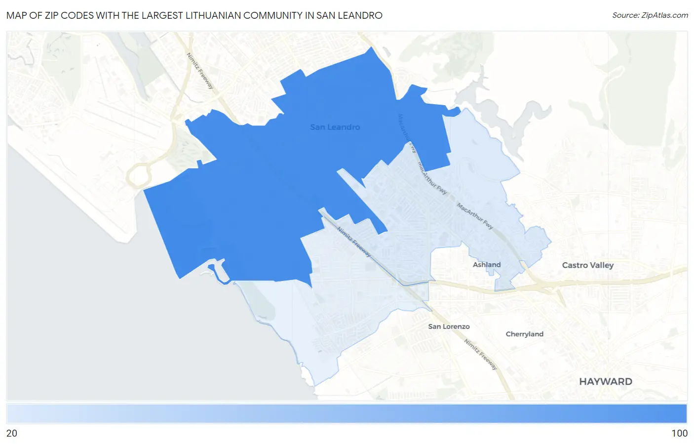 Zip Codes with the Largest Lithuanian Community in San Leandro Map