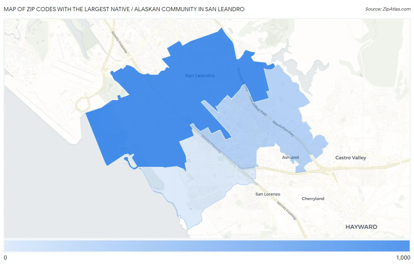 Zip Codes with the Largest Native / Alaskan Community in San Leandro Map