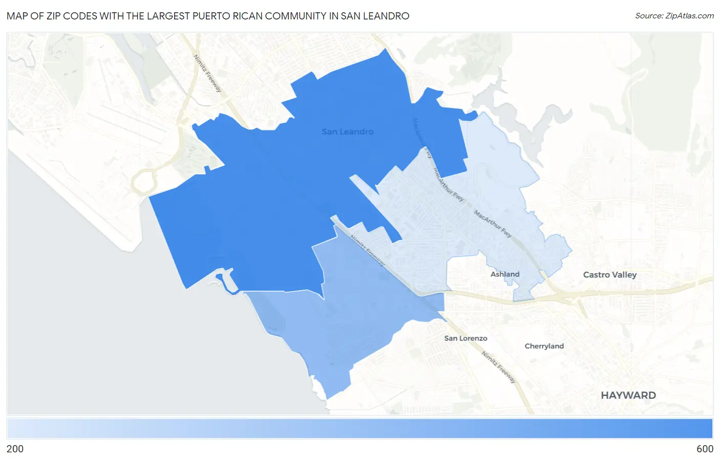 Zip Codes with the Largest Puerto Rican Community in San Leandro Map
