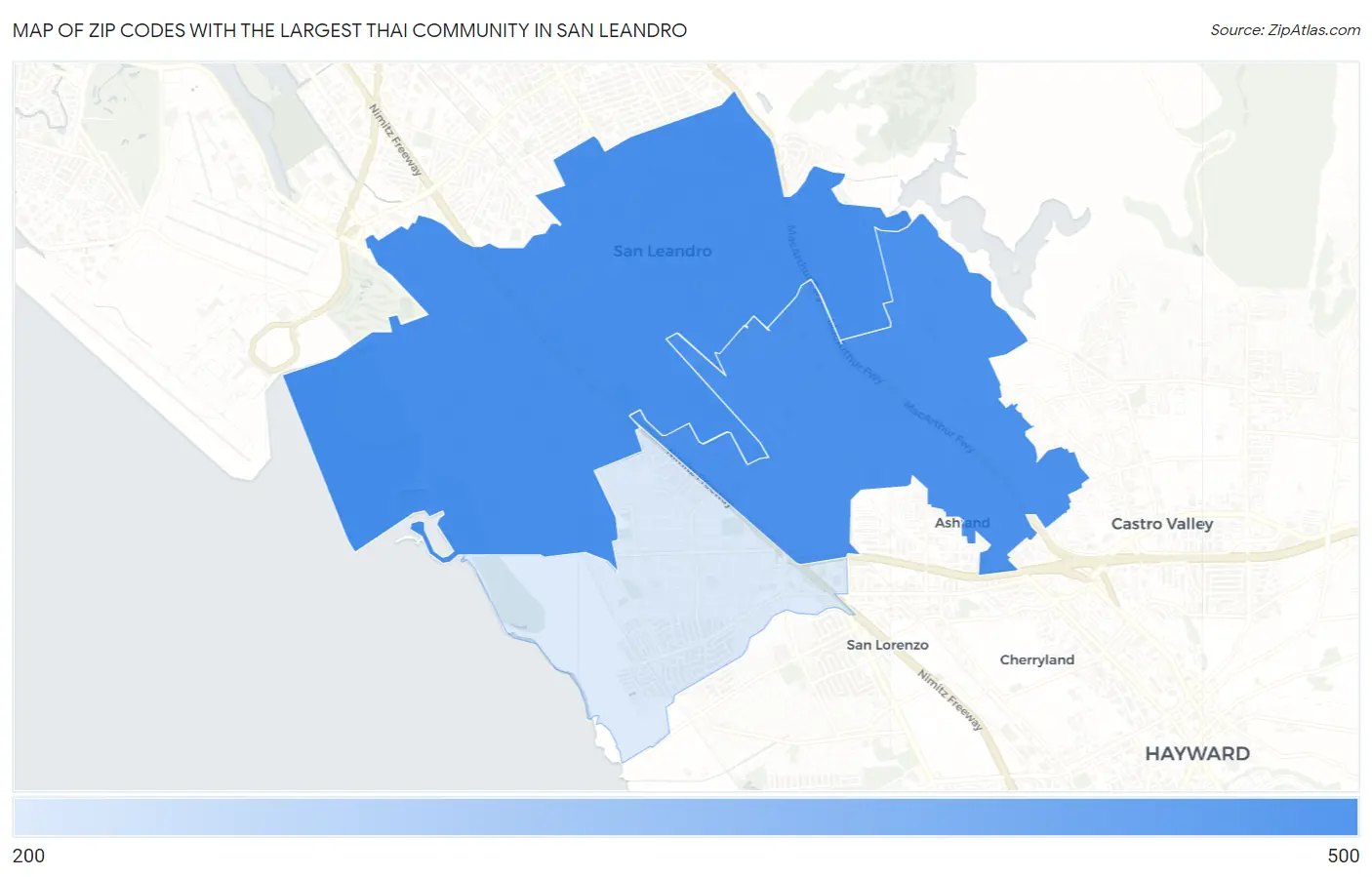 Zip Codes with the Largest Thai Community in San Leandro Map