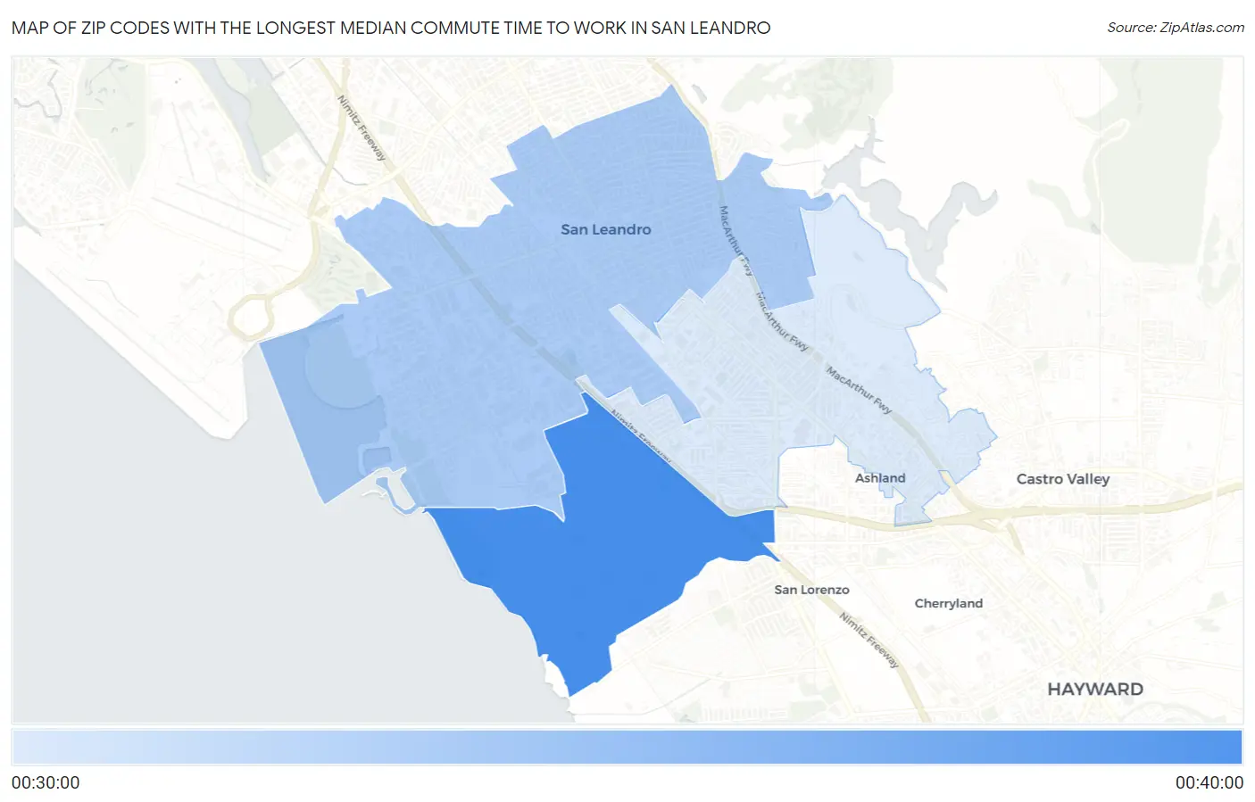 Zip Codes with the Longest Median Commute Time to Work in San Leandro Map