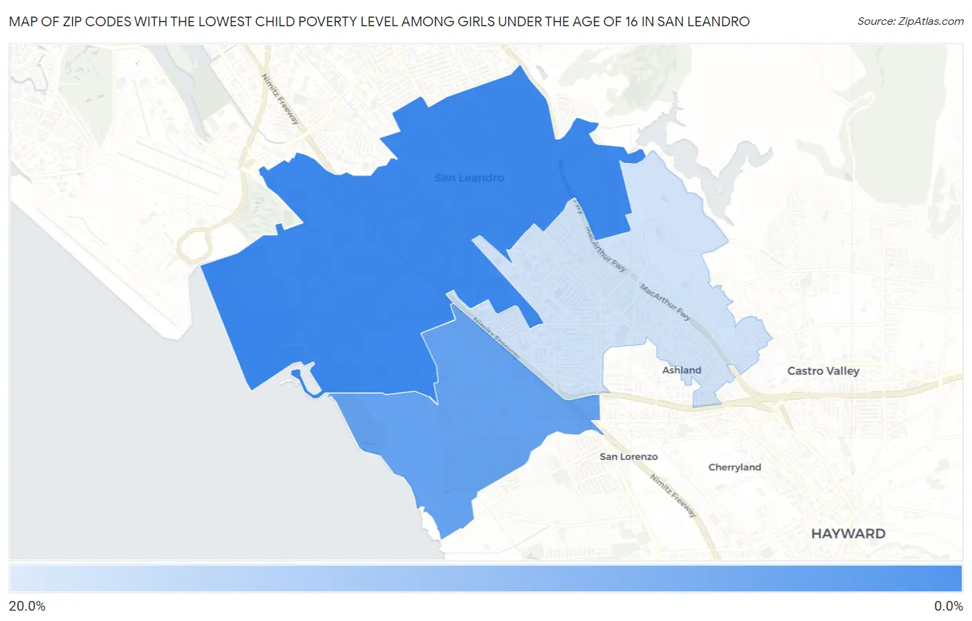 Zip Codes with the Lowest Child Poverty Level Among Girls Under the Age of 16 in San Leandro Map