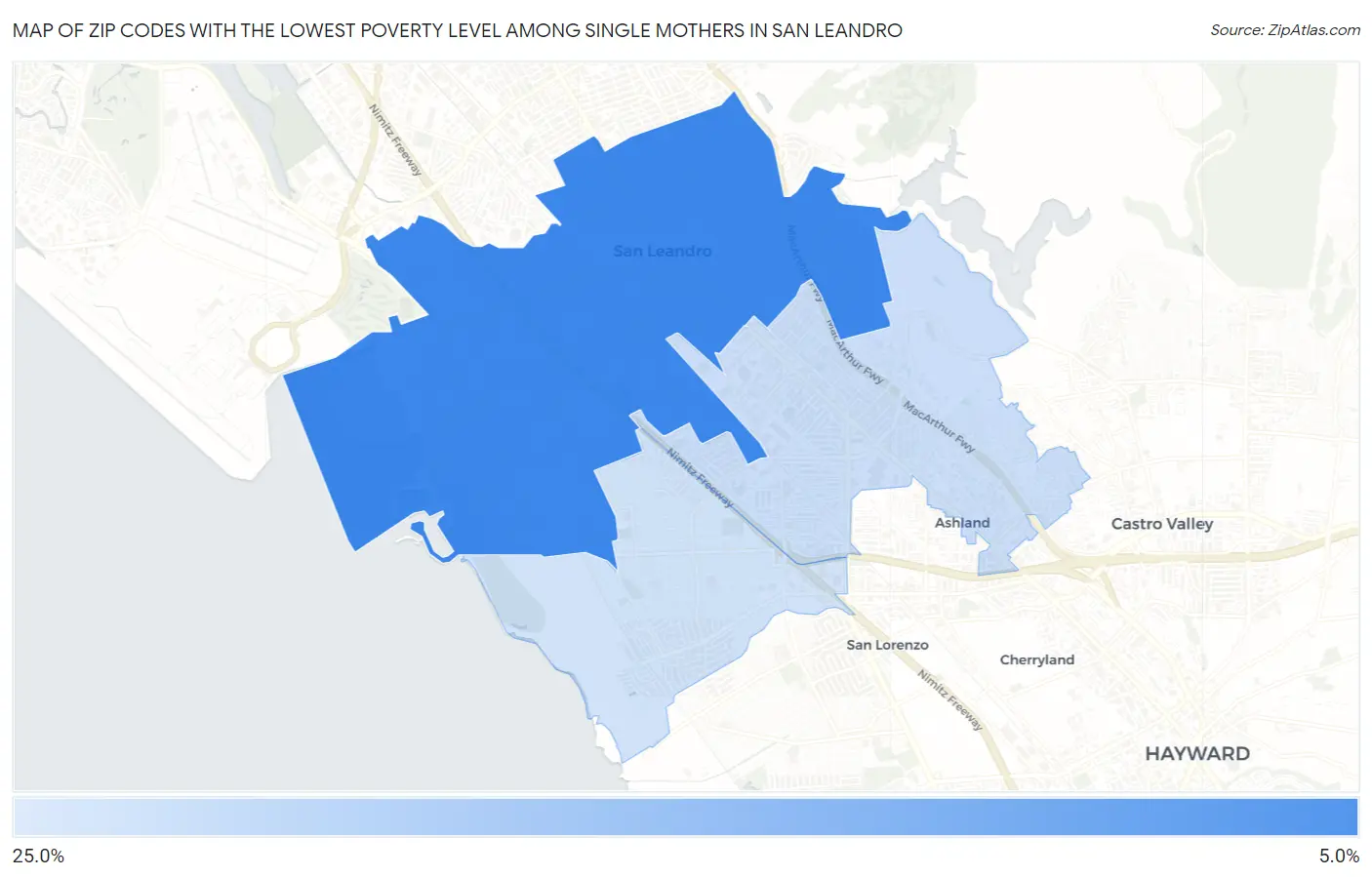 Zip Codes with the Lowest Poverty Level Among Single Mothers in San Leandro Map