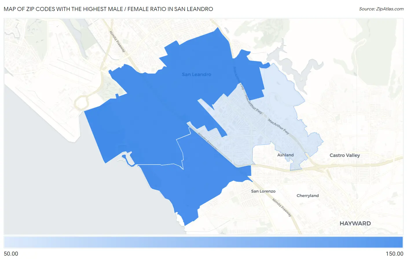 Zip Codes with the Highest Male / Female Ratio in San Leandro Map