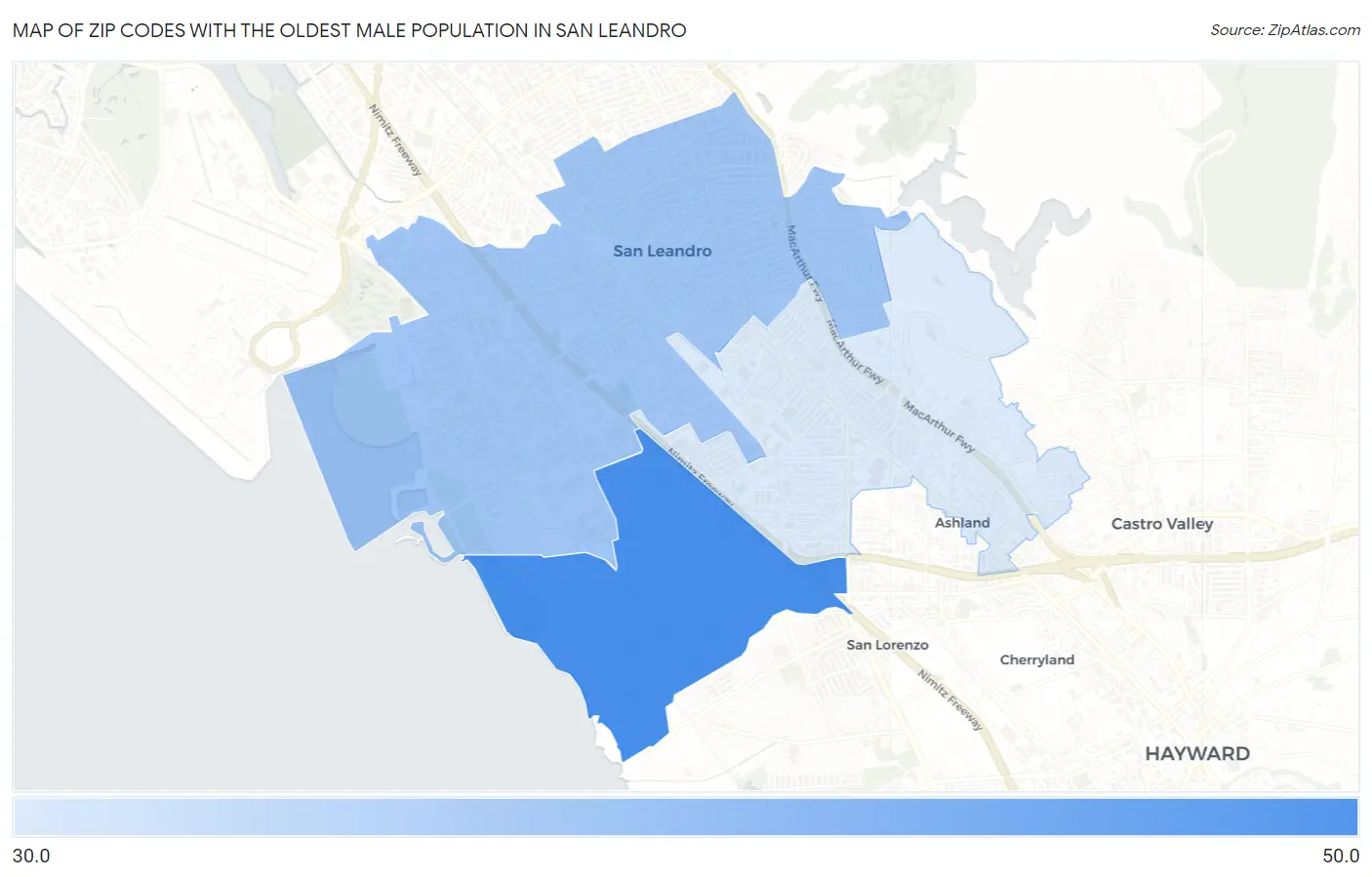 Zip Codes with the Oldest Male Population in San Leandro Map