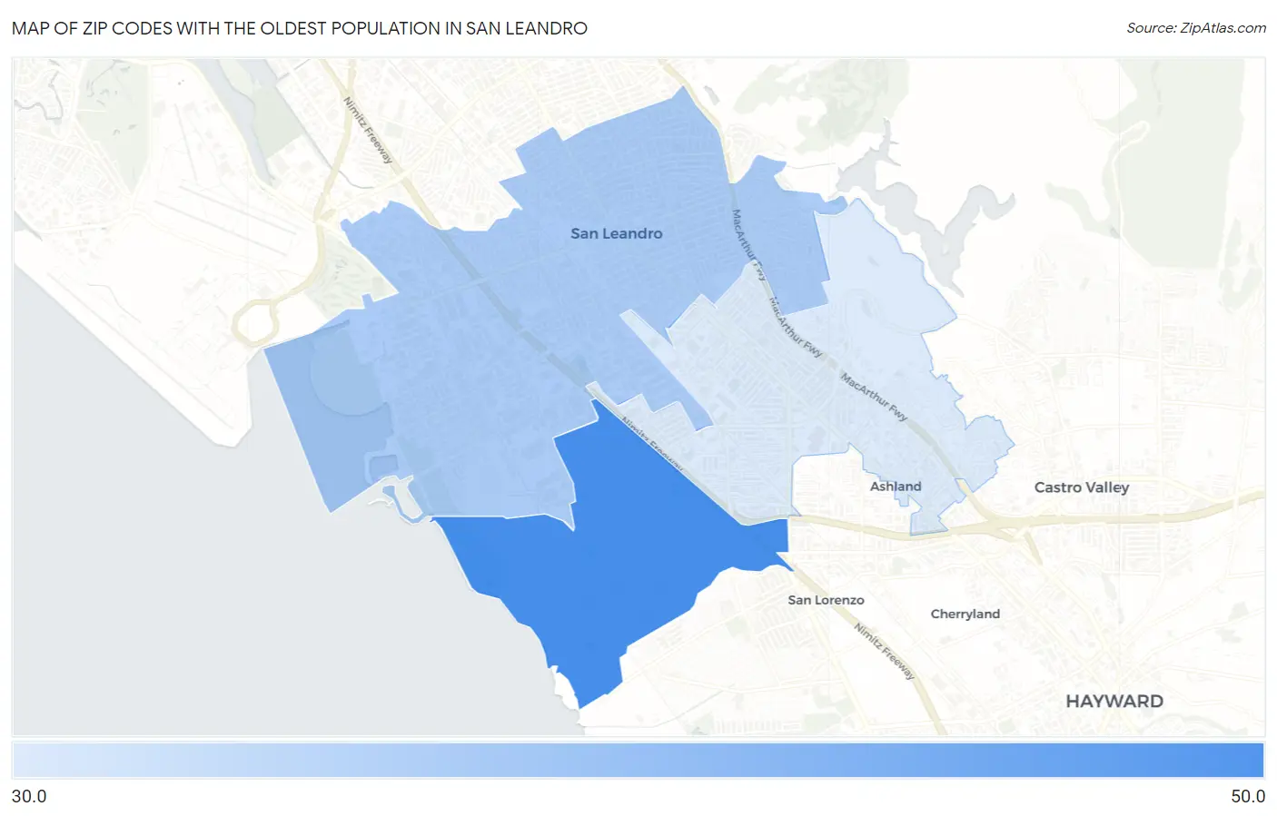 Zip Codes with the Oldest Population in San Leandro Map