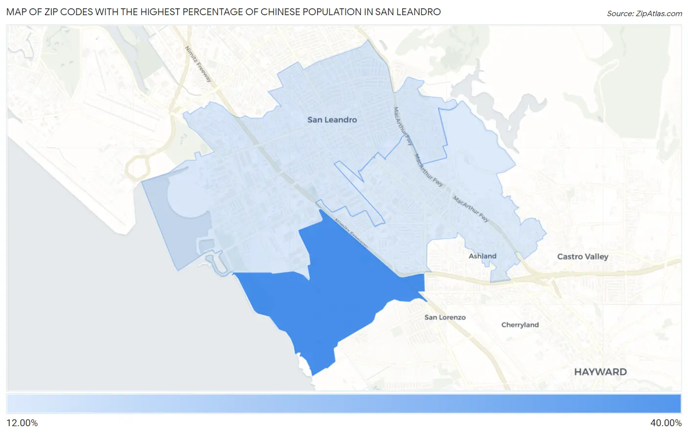 Zip Codes with the Highest Percentage of Chinese Population in San Leandro Map
