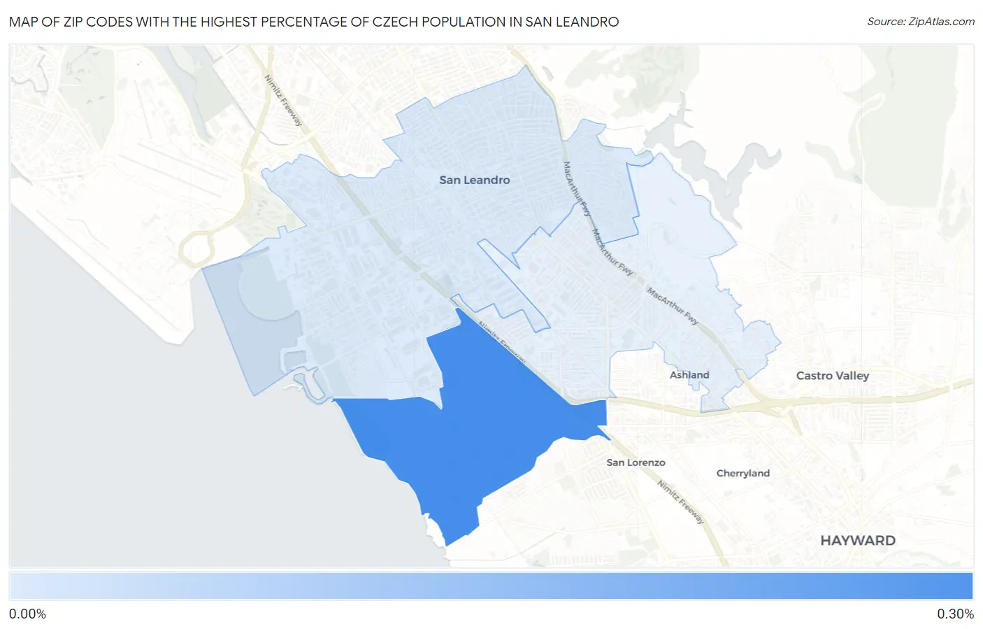 Zip Codes with the Highest Percentage of Czech Population in San Leandro Map