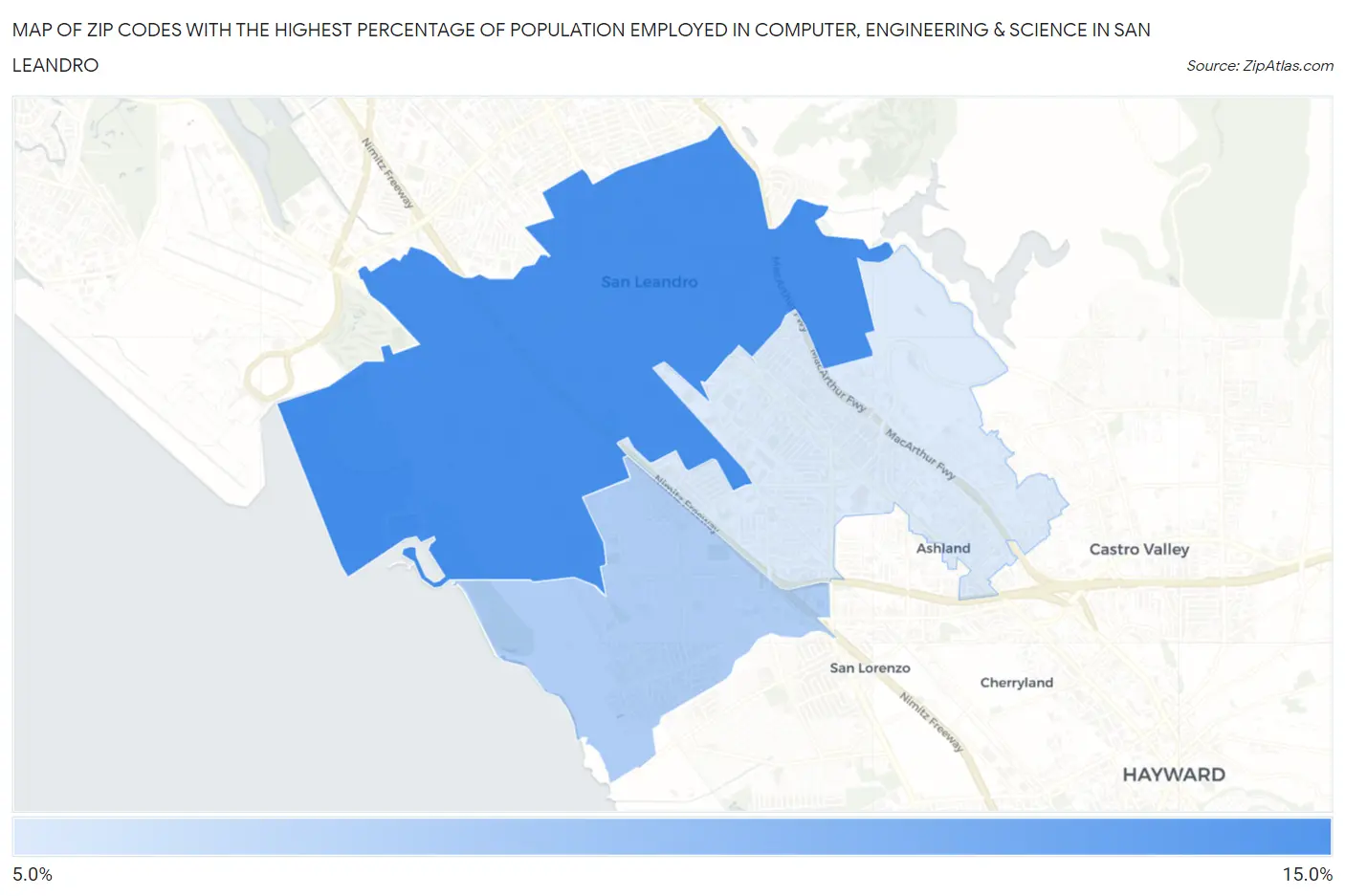 Zip Codes with the Highest Percentage of Population Employed in Computer, Engineering & Science in San Leandro Map