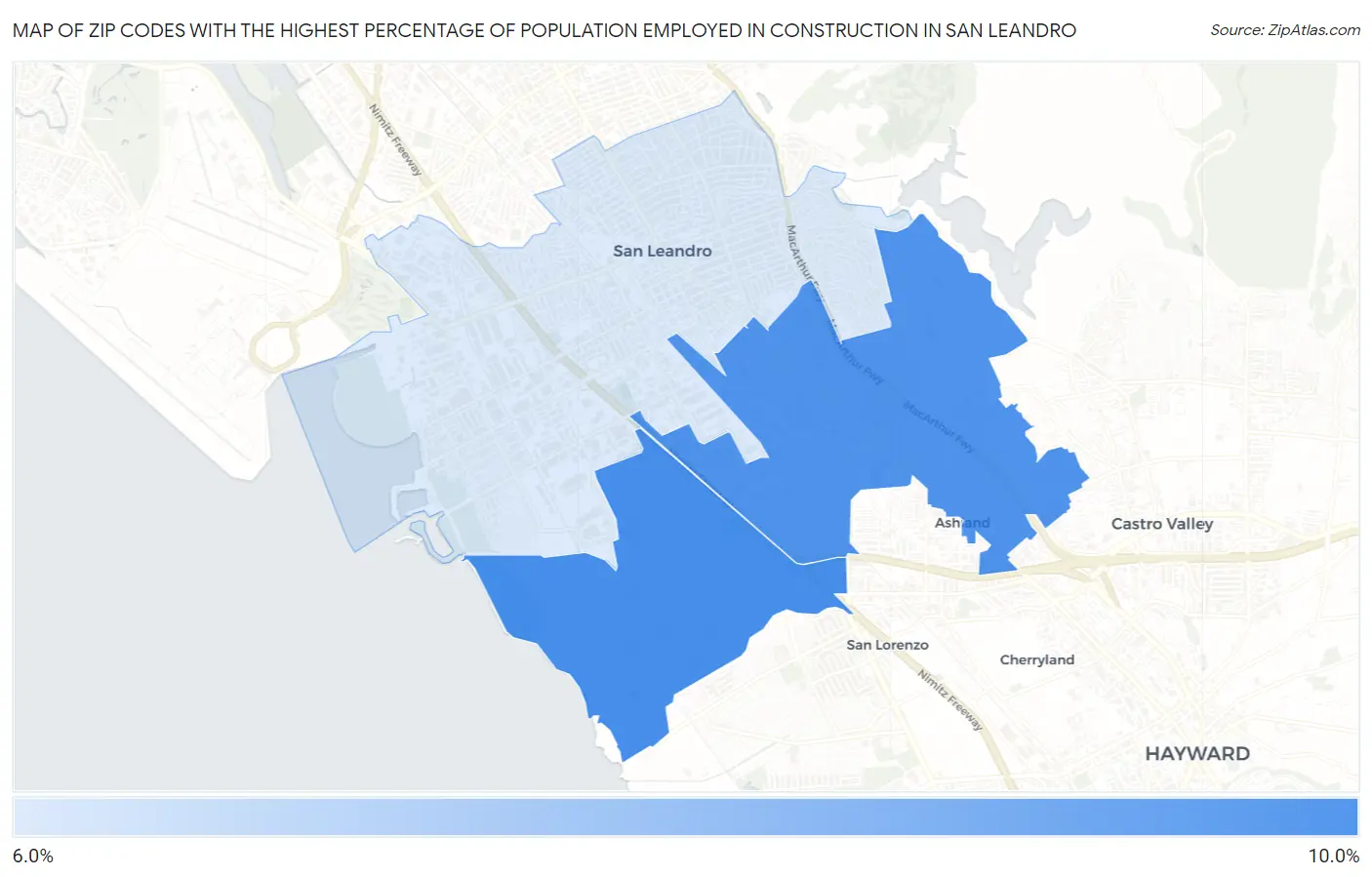 Zip Codes with the Highest Percentage of Population Employed in Construction in San Leandro Map