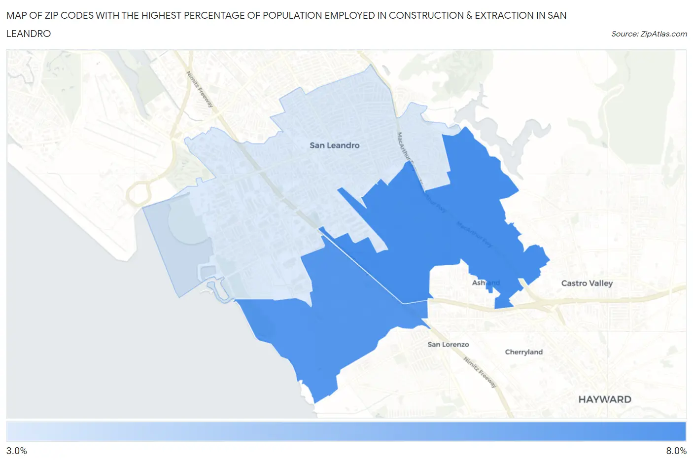 Zip Codes with the Highest Percentage of Population Employed in Construction & Extraction in San Leandro Map