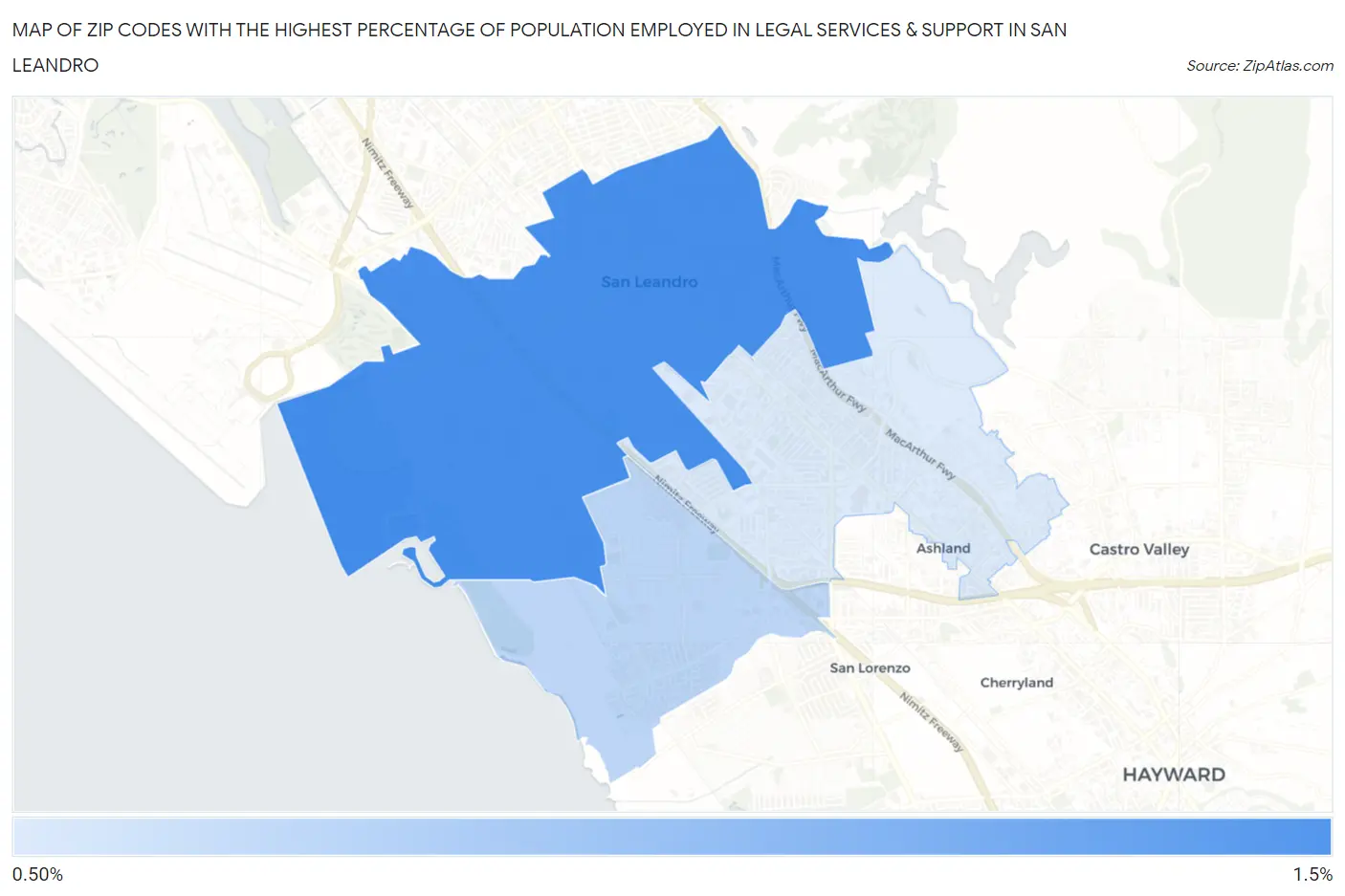 Zip Codes with the Highest Percentage of Population Employed in Legal Services & Support in San Leandro Map