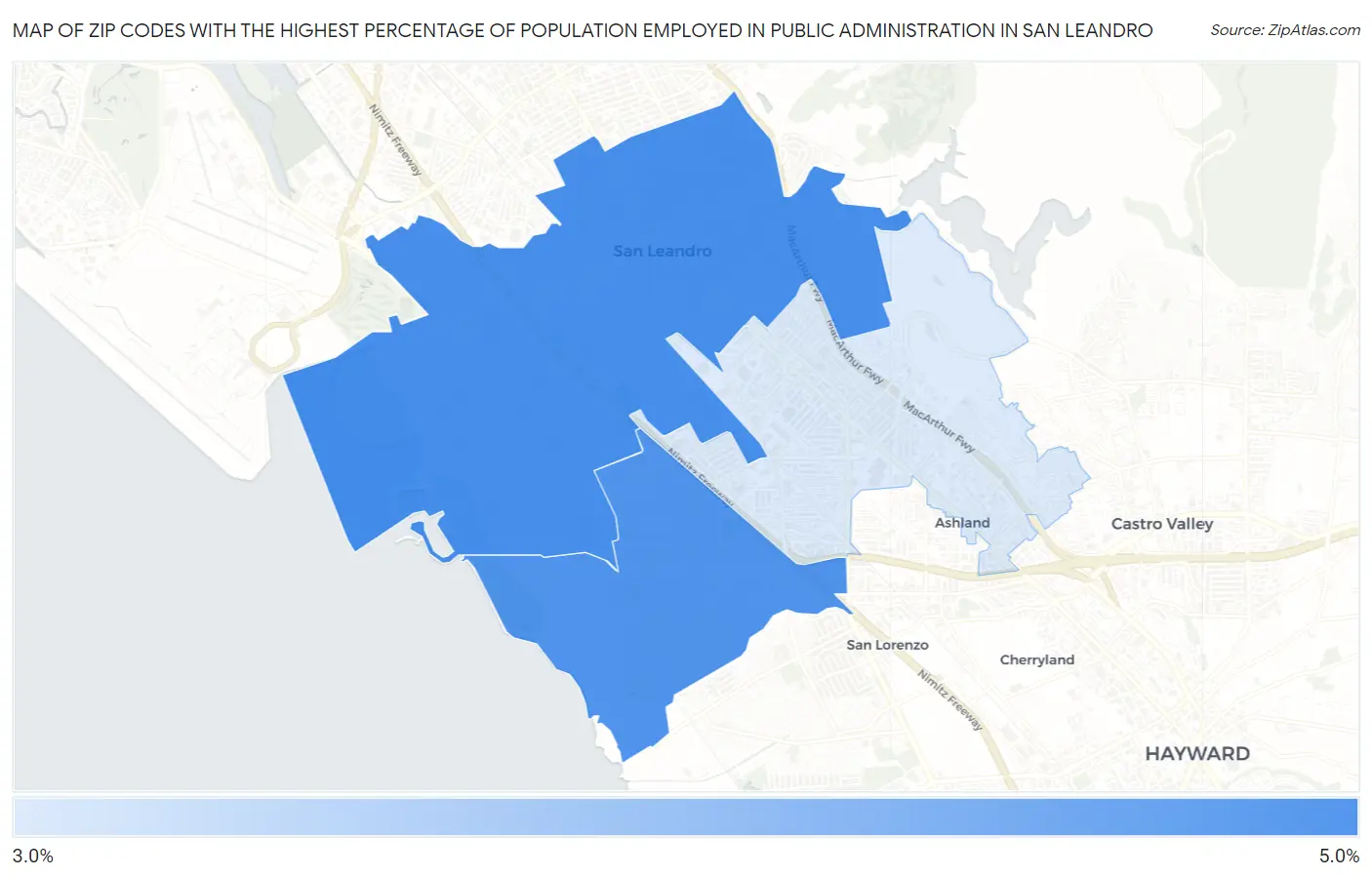 Zip Codes with the Highest Percentage of Population Employed in Public Administration in San Leandro Map