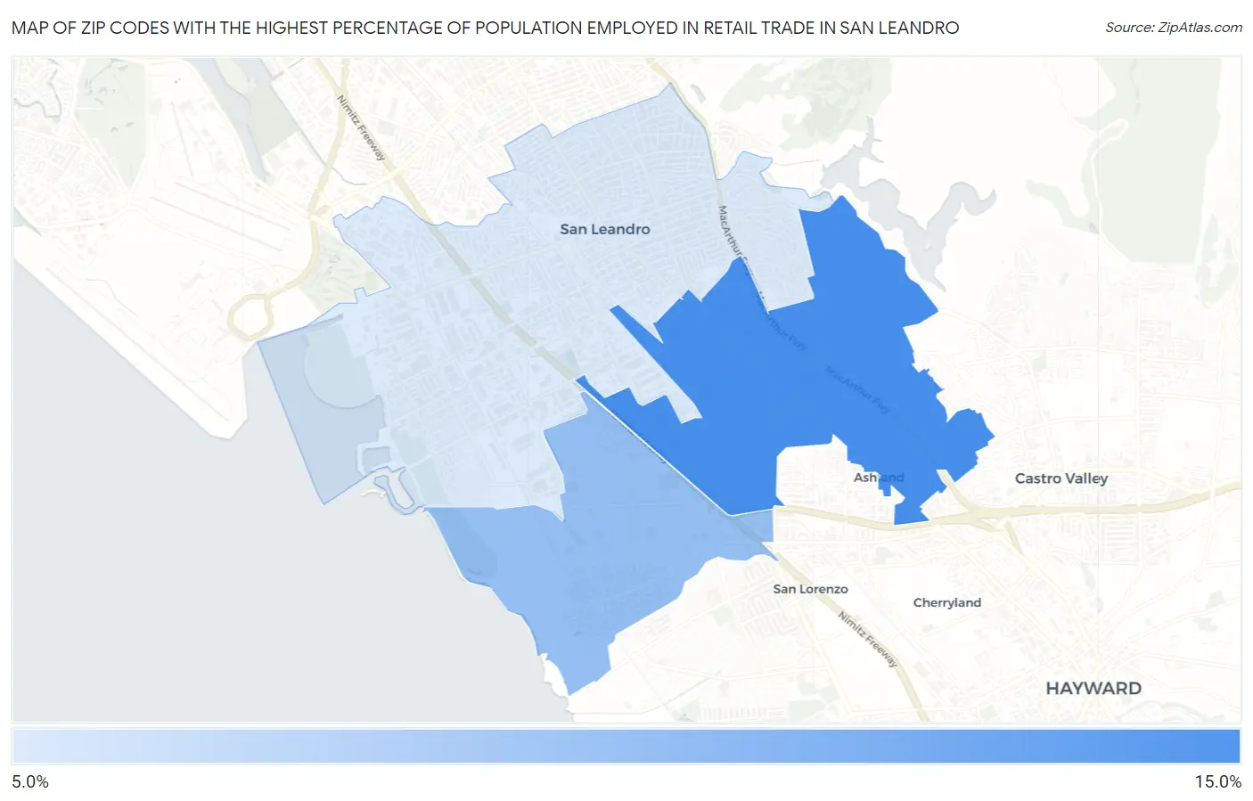 Zip Codes with the Highest Percentage of Population Employed in Retail Trade in San Leandro Map