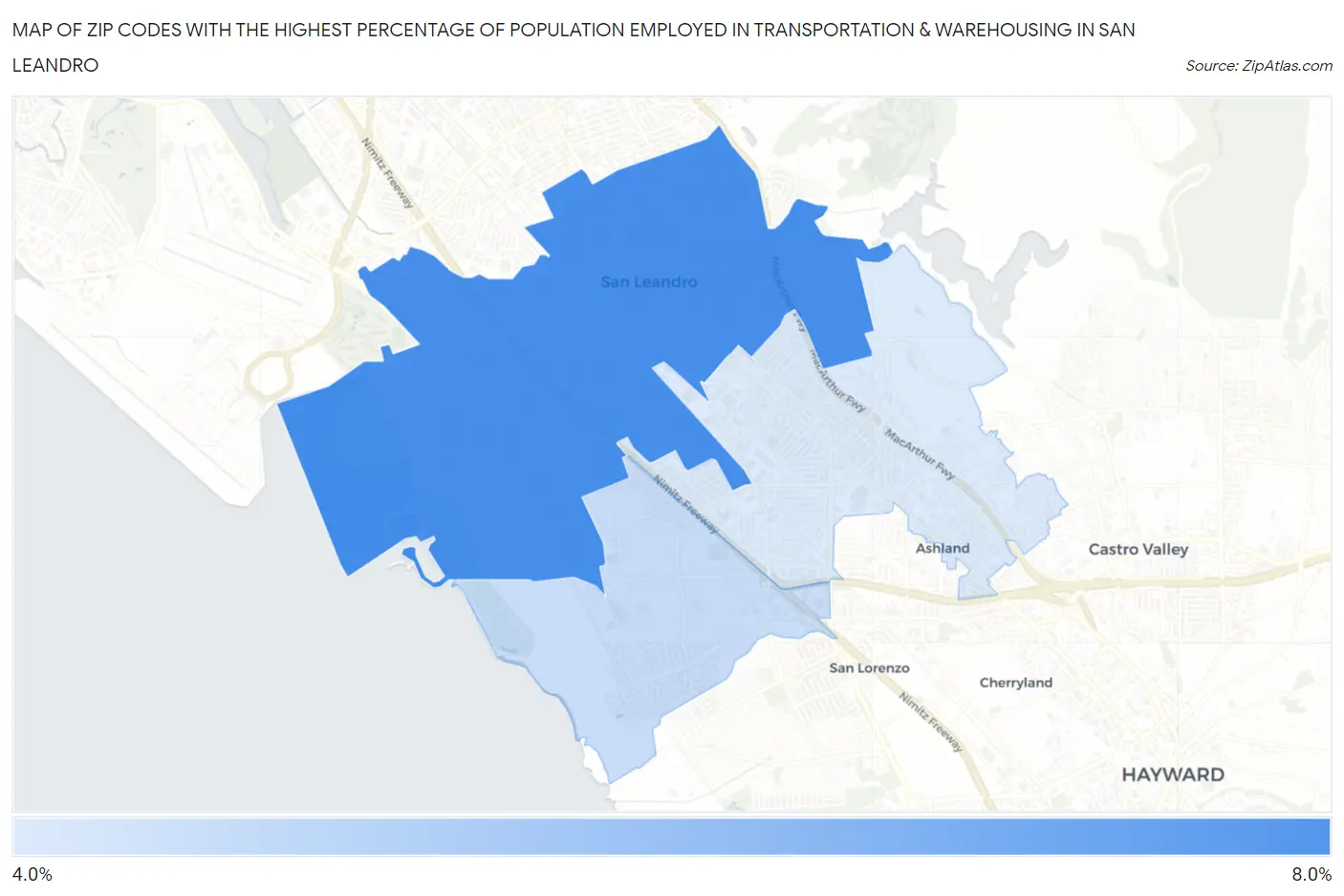 Zip Codes with the Highest Percentage of Population Employed in Transportation & Warehousing in San Leandro Map