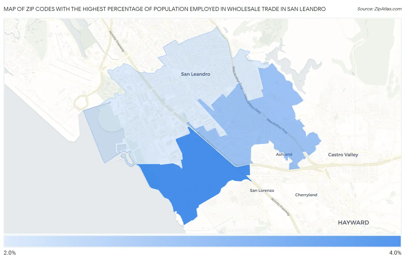 Zip Codes with the Highest Percentage of Population Employed in Wholesale Trade in San Leandro Map