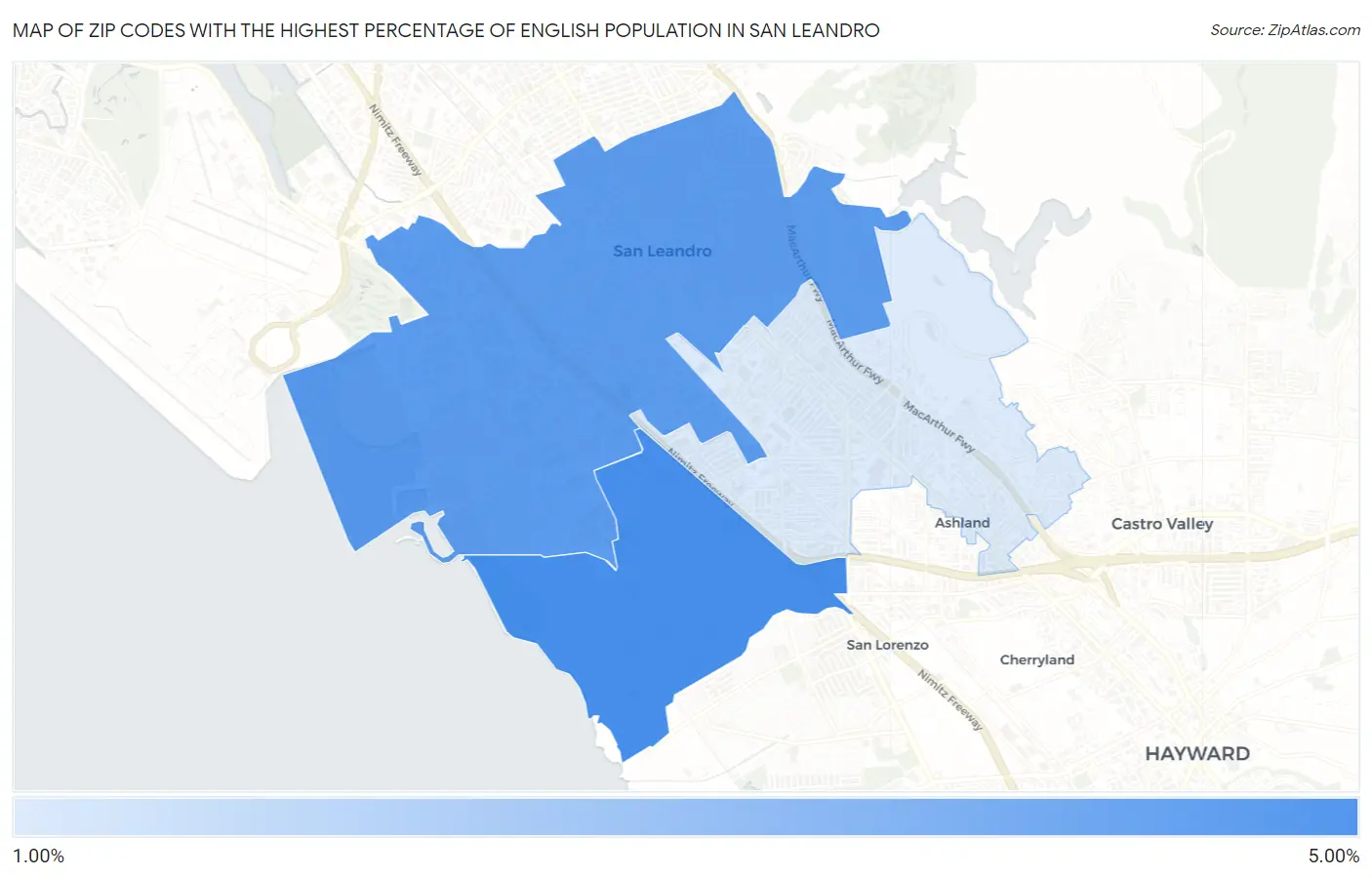 Zip Codes with the Highest Percentage of English Population in San Leandro Map
