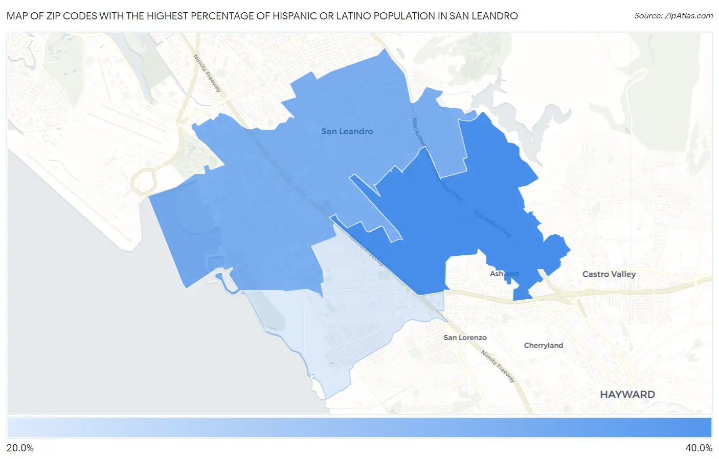 Zip Codes with the Highest Percentage of Hispanic or Latino Population in San Leandro Map
