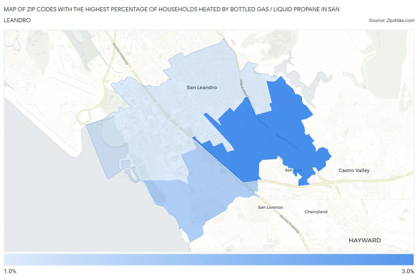 Zip Codes with the Highest Percentage of Households Heated by Bottled Gas / Liquid Propane in San Leandro Map