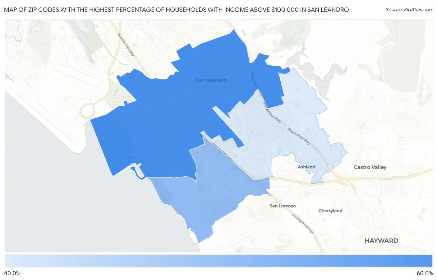 Zip Codes with the Highest Percentage of Households with Income Above $100,000 in San Leandro Map