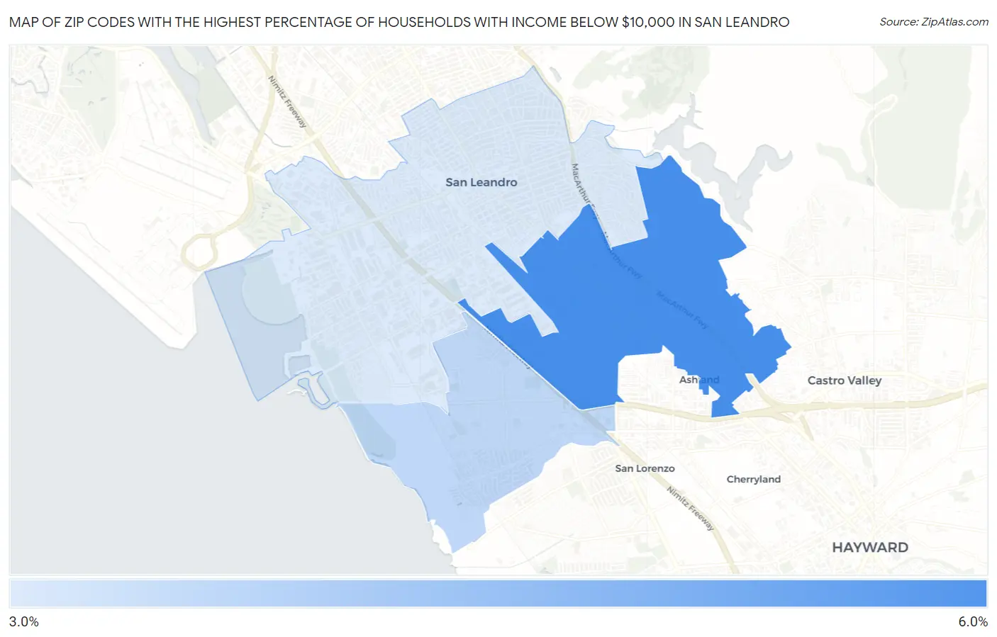 Zip Codes with the Highest Percentage of Households with Income Below $10,000 in San Leandro Map