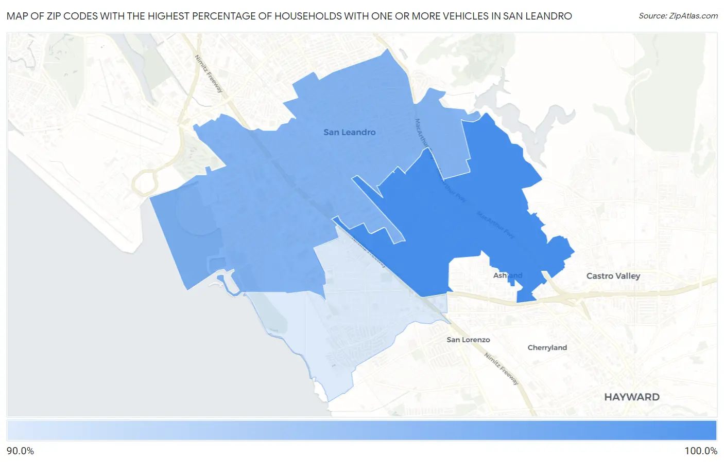 Zip Codes with the Highest Percentage of Households With One or more Vehicles in San Leandro Map
